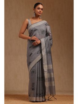 Soch - Women Grey Chanderi Embroidered Thread Work Saree with Unstitched Blouse