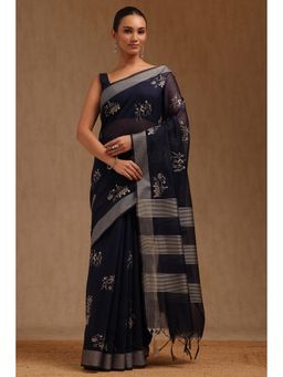 Soch - Women Navy Blue Chanderi Embroidered Thread Work Saree with Unstitched Blouse