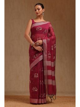 Soch - Women Chanderi Wine Embroidered Thread Work Saree with Unstitched Blouse
