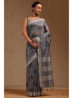 Soch - Women Chanderi Grey Embroidered Thread Work Saree with Unstitched Blouse