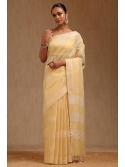 Soch - Women Yellow Chanderi Embroidered Thread Work Saree with Unstitched Blouse