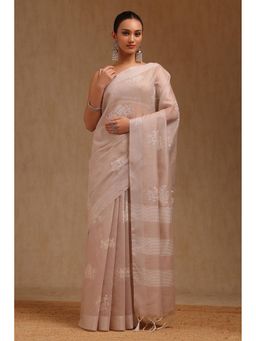 Soch - Women Beige Chanderi Embroidered Thread Work Saree with Unstitched Blouse