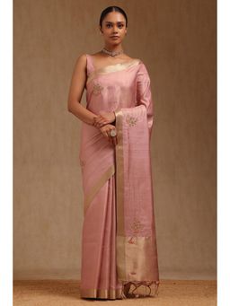 Soch - Women Pink Tissue Handloom Sequined Work Saree with Unstitched Blouse