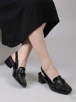 Twenty Dresses by Nykaa Fashion - Black Mettalic Detail Open Back Closure Block Sandal Heels