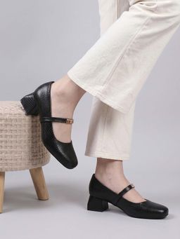 Twenty Dresses by Nykaa Fashion - Womens Black Metallic Square Toe Mary Janes Sandal Heels