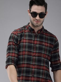 The Bear House - Men's Black Checked Flannel Long Sleeves Slim Fit Shirt