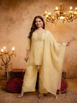 Lush Glam - Yellow New Embroidered Work Silk Kurti with Palazzo and Dupatta