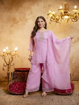 Lush Glam - Pink New Embroidered Work Silk Kurti with Palazzo and Dupatta