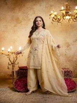 Lush Glam - Gold Raw Silk Embroidered Kurta and Palazzo with Dupatta