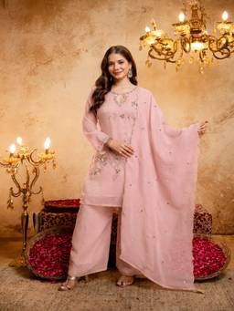 Lush Glam - Peach Raw Silk Embroidered Kurta and Palazzo with Dupatta