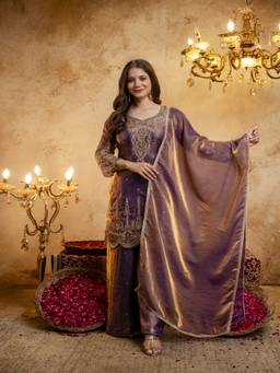 Lush Glam - Purple Raw Silk Embroidered Kurta and Palazzo with Dupatta