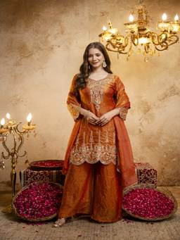 Lush Glam - Rust Raw Silk Embroidered Kurta and Palazzo with Dupatta