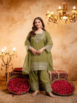 Lush Glam - Green Raw Silk Embroidered Kurta and Salwar with Dupatta