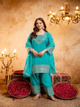 Lush Glam - Blue Raw Silk Embroidered Kurta and Salwar with Dupatta