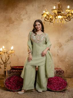 Lush Glam - Green Raw Silk Embroidered Kurta and Palazzo with Dupatta