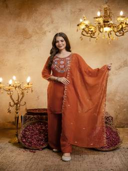 Lush Glam - Rust Raw Silk Embroidered Kurta and Palazzo with Dupatta