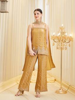 MOKOSH - Women Golden Handwork Embroidered Silk Kurti with Palazzo and Dupatta