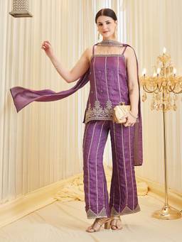 MOKOSH - Women Dark Mauve Handwork Embroidered Silk Kurti with Palazzo and Dupatta