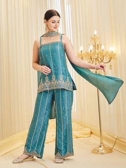 MOKOSH - Women Teal Handwork Embroidered Silk Kurti with Palazzo and Dupatta