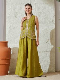 MOKOSH - Women Pista Green Embroidered Silk Short Kurti with Sharara