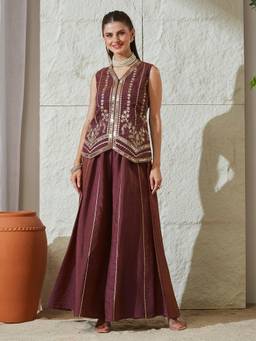 MOKOSH - Women Brown Embroidered Silk Short Kurti with Sharara