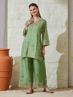 MOKOSH - Women Green Embroidered Silk Short Kurti and Palazzo
