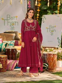 MOKOSH - Women Red Embroidered Silk Anarkali Kurta and Palazzo with Dupatta