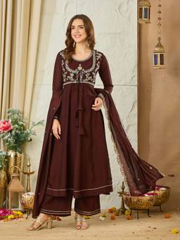 MOKOSH - Women Brown Embroidered Silk Anarkali Kurta and Palazzo with Dupatta
