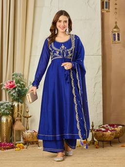MOKOSH - Women Royal Blue Embroidered Silk Anarkali Kurta and Palazzo with Dupatta