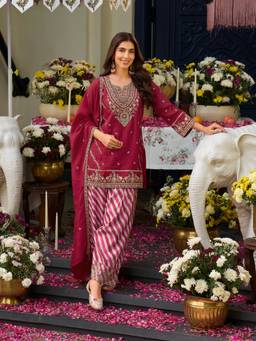 MOKOSH - Red Silk Embroidered Kurti and Farshi Salwar with Dupatta