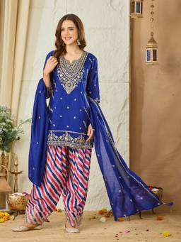 MOKOSH - Royal Blue Silk Embroidered Kurti and Farshi Salwar with Dupatta