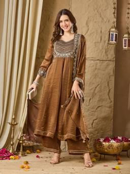 MOKOSH - Women Brown Handwork Embroidered Silk Anarkali Kurta Palazzo with Dupatta