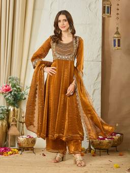 MOKOSH - Women Rust Handwork Embroidered Silk Anarkali Kurta Palazzo with Dupatta