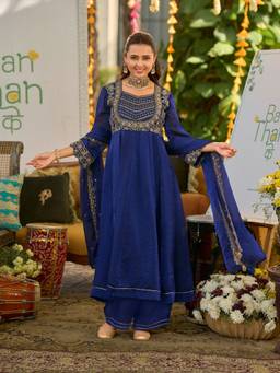 MOKOSH - Women Blue Handwork Embroidered Silk Anarkali Kurta Palazzo with Dupatta