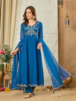 MOKOSH - Women Royal Blue Embroidered Silk Anarkali Kurta and Pant with Dupatta