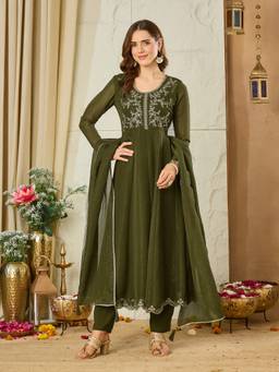 MOKOSH - Women Green Embroidered Silk Anarkali Kurta and Pant with Dupatta