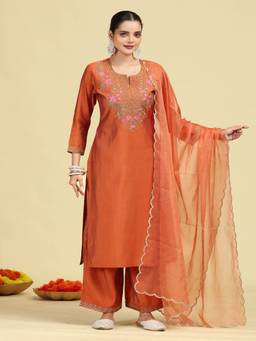 Cotton Culture - Rust Silk Blend Embroidered Kurta and Palazzo with Dupatta