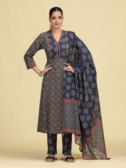 Cotton Culture - Grey Pure Cotton Floral Printed Kurta and Pant with Dupatta