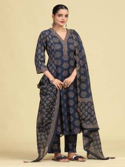 Cotton Culture - Navy Blue Pure Cotton Floral Printed Kurta and Pant with Dupatta