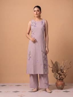 Cotton Culture - Purple Pure Cotton Floral Embroidery A-Line Co-Ord