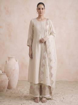 Cotton Culture - Off White Embroidered Ethnic Kurta with Palazzo and Dupatta