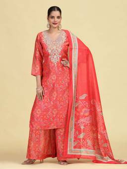 Cotton Culture - Peach Chanderi Embroidered Kurta and Palazzo with Dupatta