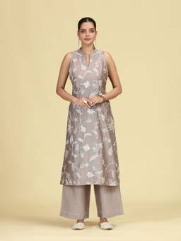 Cotton Culture - Taupe Chanderi Embroidered Kurta and Palazzo