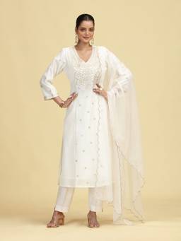 Cotton Culture - Off White Chanderi Embroidered Kurta and Pant with Dupatta