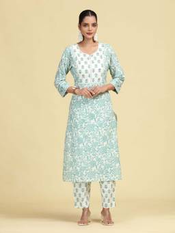 Cotton Culture - Mint Green Pure Cotton Floral Printed Kurta and Pant