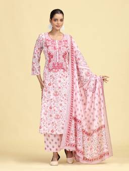 Cotton Culture - Baby Pink Pure Cotton Embroidered Kurta and Palazzo with Dupatta