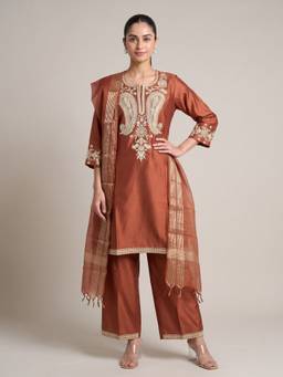 Cotton Culture - Rust Silk Embroidered Kurta and Palazzo with Dupatta