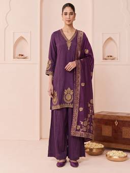 Cotton Culture - Purple Floral Embroidery Ethnic Kurta with Palazzo and Dupatta