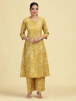Cotton Culture - Light Olive Pure Cotton Floral Printed Kurta and Palazzo
