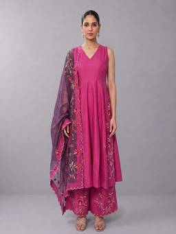Cotton Culture - Magenta Floral Embroidery Kurta with Palazzo and Dupatta